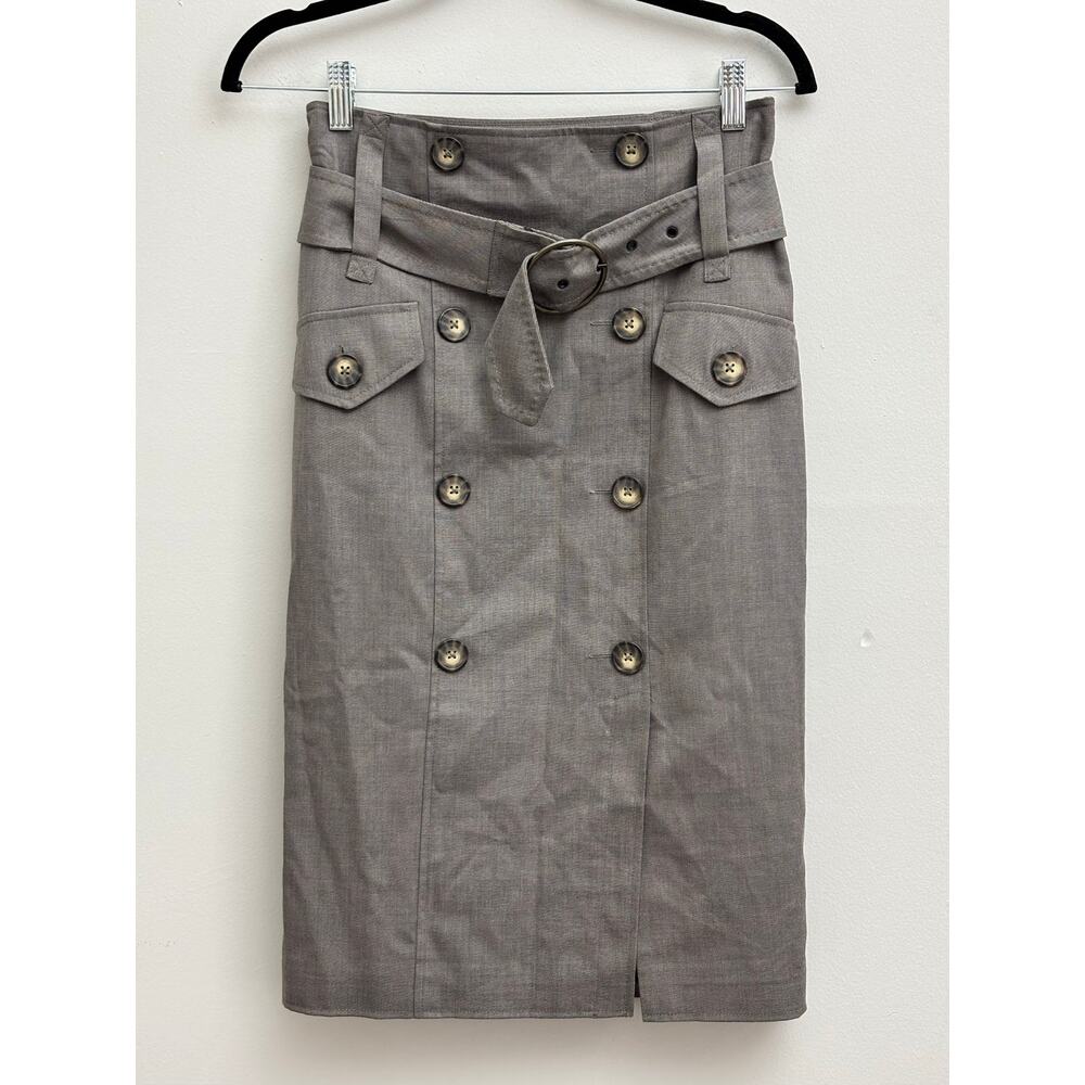 Vintage Retro Brown High Waist Double Breasted Tailored Midi Pencil Skirt Size 4